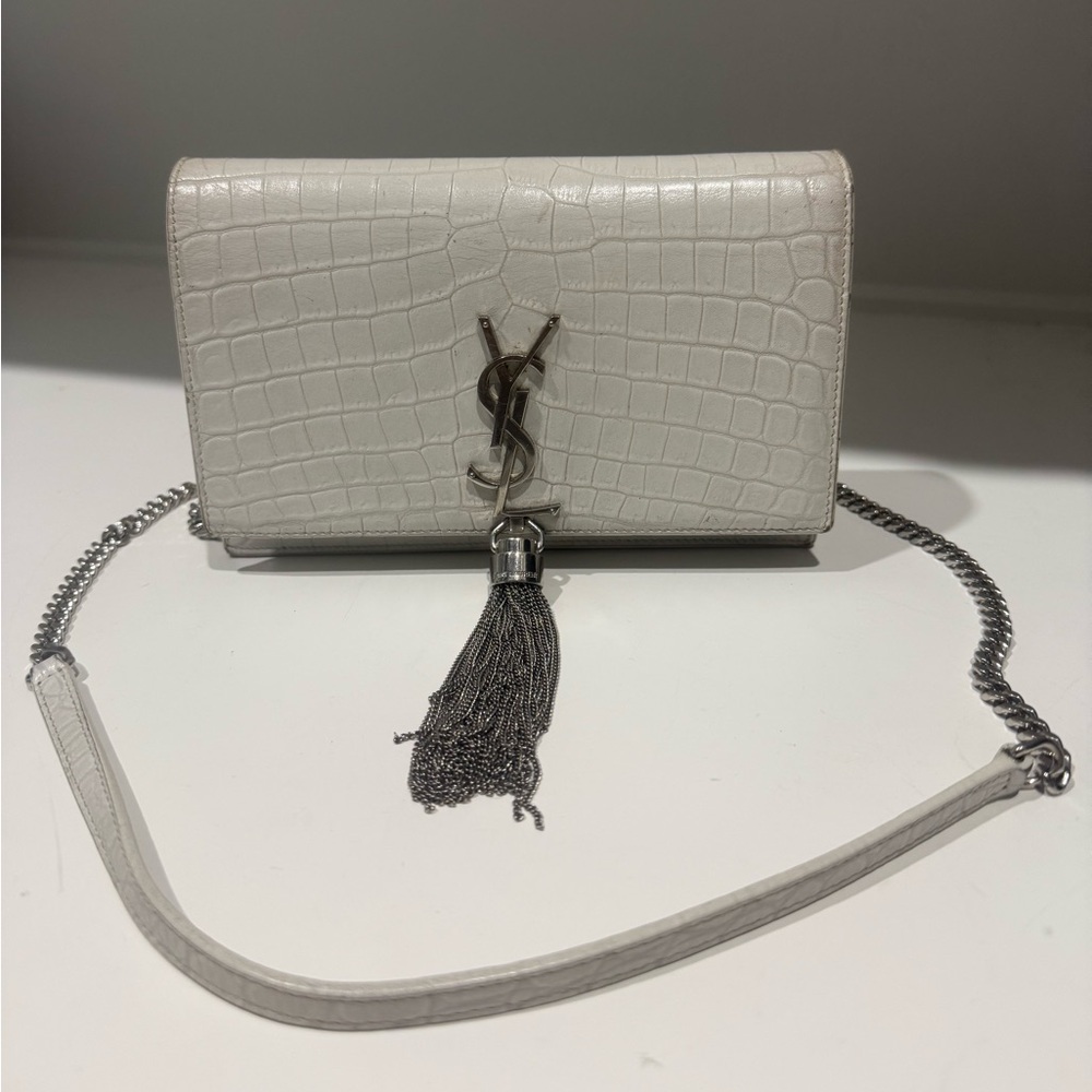 Yves Saint Laurent White Crocodile -Embossed Tassle Chain Bag